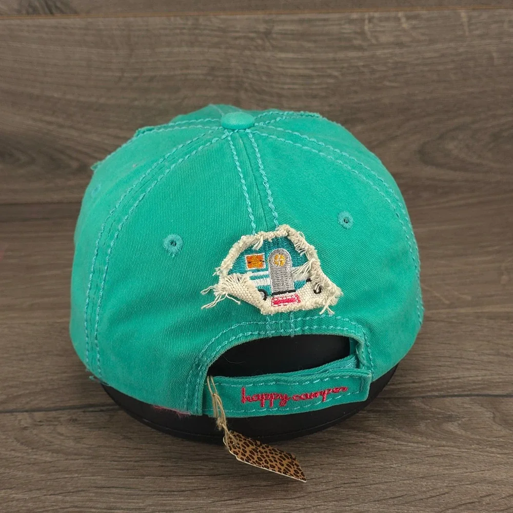 Happy Camper Hat Cap Womens Strap Back Green Distressed RV Camping Hike Gorpcore